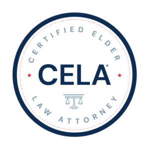 CELA logo: circular seal with 'Certified Elder Law Attorney' around the edge and 'CELA' with a scales-of-justice icon in the center.